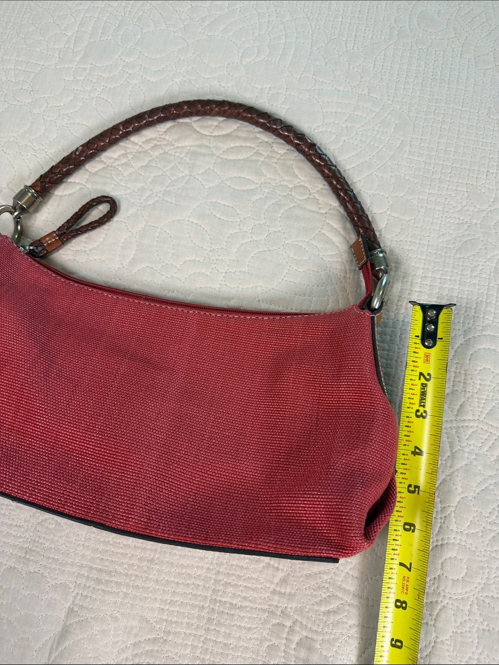 Fossil Red Canvas Hobo Shoulder Bag Braided Brown Leather Handle and zipper pull - Picture 13 of 15
